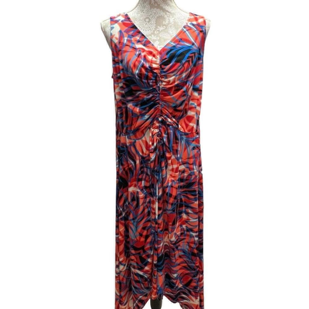 LONDON TIMES WOMAN Red Blue Tropical Print High Low Maxi Tropical Dress, Sz 1X